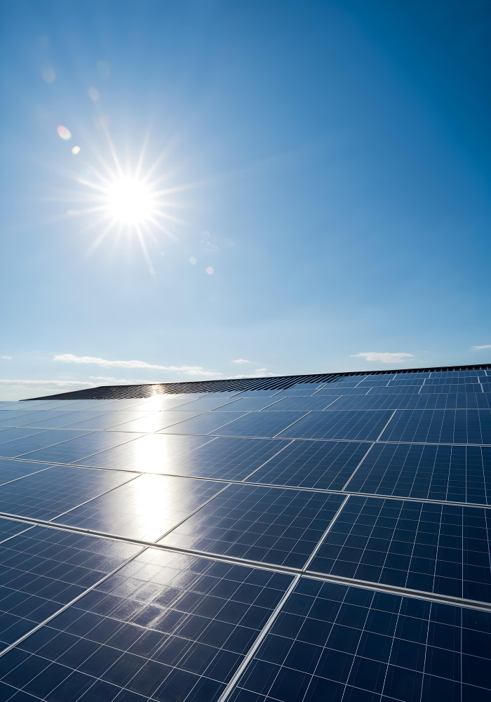 Technician working on solar panel installation on a rooftop under clear sky.